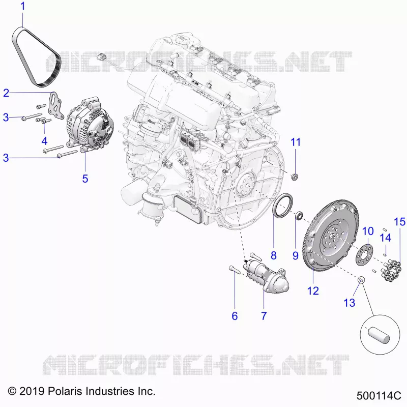 ENGINE, ALTERNATOR, FLYWHEEL, AND STARTER